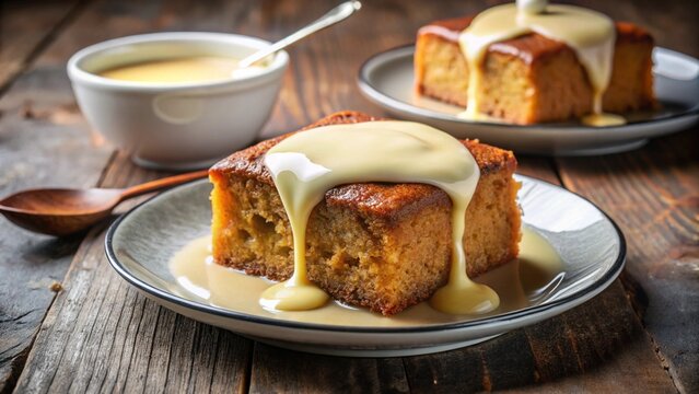 Warm South African malva pudding with sticky apricot glaze, served with custard or vanilla ice cream