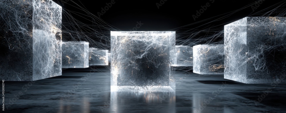 Poster abstract glowing cubes with interconnected neural-like webs in a dark space
