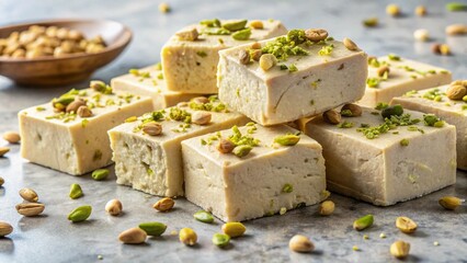 Middle Eastern halva made of tahini, sliced into blocks, crumbly texture with nut and spice.