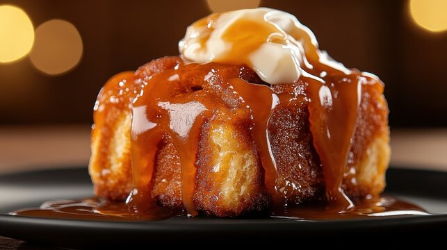 A delectable dessert features soft cake drizzled with rich caramel sauce and topped with creamy frosting, creating an indulgent and visually appealing treat for dessert lovers.