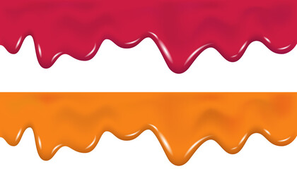 Pink, orange drip cream drops, marmalade, jelly, slime or yogurt border. Flowing melted ice cream, cherry glaze, raspberry sauce or paint texture. Dripping melted apricot jam or cheese. Vector flow.