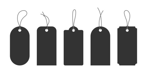 Set of black hanging paper tag with strings silhouettes . Blank vector sale label Isolated on white. Perfect for ads, promotion, discount, banner, product labeling, price tags, gift decor, print