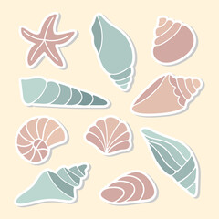 Pastel seashell and starfish vector sticker set. Summer ocean shells in flat minimal design. Great for beach themed print, kids decor, scrapbooking, packaging, handmade cards, collage, planner