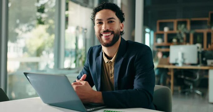 Business, face or man with laptop in office for finance report, company audit or online research. Accountant, employee or tech for performance review, wealth management or bookkeeping at actuary firm