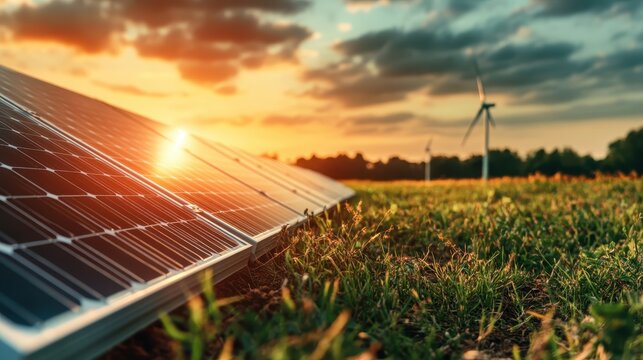 This image showcases solar panels absorbing sunlight during a breathtaking sunset, highlighting the harmony between technology and nature in sustainable energy utilization.