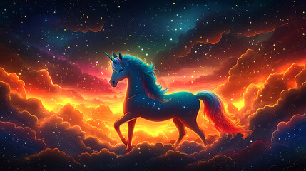 Obraz premium Magical Unicorn in a Cosmic Sunset Landscape