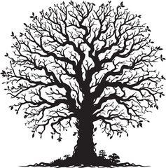 Obraz premium A majestic black silhouette of a large, sprawling tree with intricate branches and a thick trunk, set against a stark white background, evokes a sense of age, strength, and enduring presence.