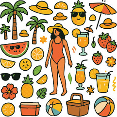 Summer vacation elements with woman in swimsuit, fruits, drinks, beach accessories and more