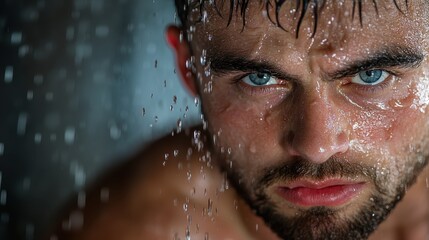 A close-up portrait of a man with striking blue eyes, drenched in water droplets cascading from a waterfall, reflecting raw intensity and human emotion in nature's embrace.