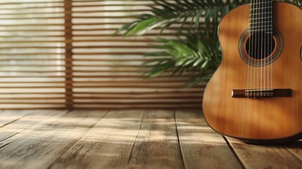 A beautifully crafted acoustic guitar rests on a wooden floor, illuminated by soft natural light filtering through wooden blinds, inviting creativity and inspiration.
