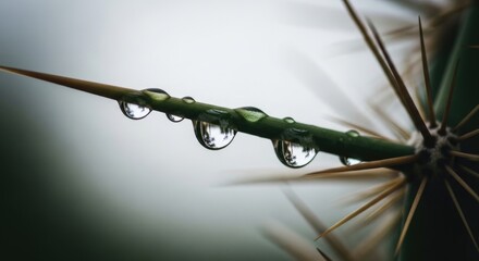 Cactus Spine with Calm Mood Featuring Dewdrops in Macro Focus Against Blurred Natural Background