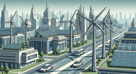Futuristic Eco City Illustration in Cool Tones Representing Sustainable Urban Development