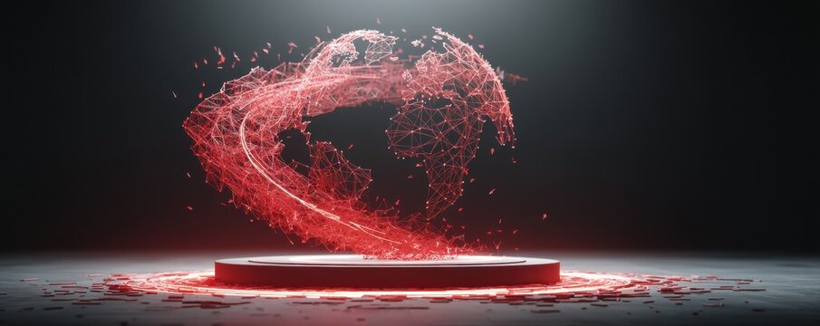 Digital red wireframe globe rotating on illuminated pedestal with glowing details - Powered by Adobe