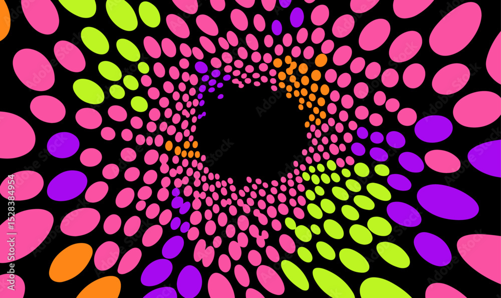 Poster Vector illustration in modern Op Art style, featuring swirling ovals and circles. The trendy psychedelic composition uses high contrast and bold shapes to create a sense of dynamic movement.