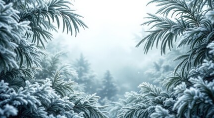 Obraz premium Serene Winter Wonderland: Frost-Covered Evergreen Branches Frame a Misty Forest Scene, Evoking Peace and Tranquility.