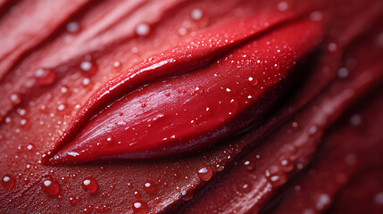Close-up of Red Lipstick with Water Droplets - Sensual Beauty Texture
