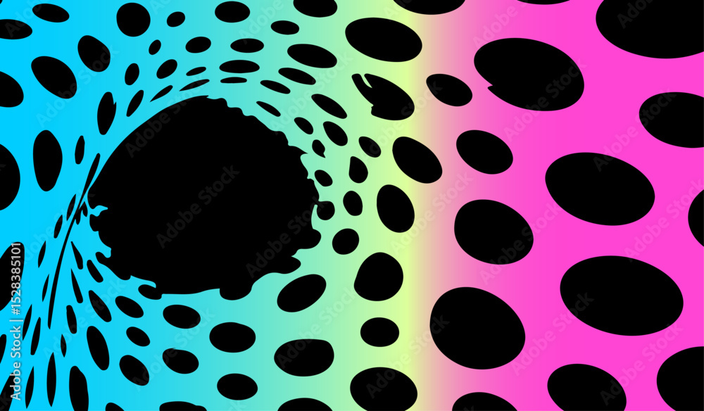 Poster vector illustration in modern op art style, featuring swirling black ovals on neon gradient backgrou