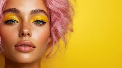 Fototapeta premium A stunning portrait of a woman with pink hair against a yellow backdrop radiates creativity and joy, highlighting personal expression and the beauty of bold choices in fashion and art.