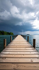 Obraz premium Wooden pier with stormy lake, and nature.