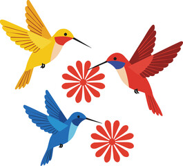 Obraz premium Colorful hummingbirds flying around red flowers with yellow, blue, and red feathers vector illustration 