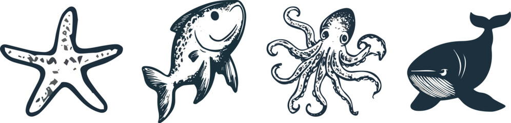 Sea Life Vectors Starfish Fish Octopus Whale Marine Wildlife Ocean Animals Underwater Creatures Nautical Design Elements Monochrome Illustration Vintage Style Engraving Etching Doodle Sketch Drawing