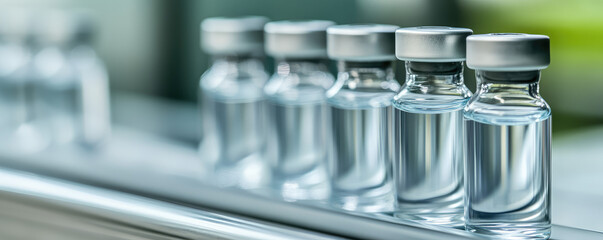 Vials filled with clear liquid are aligned in a row on a metallic surface. Medical preparation, laboratory