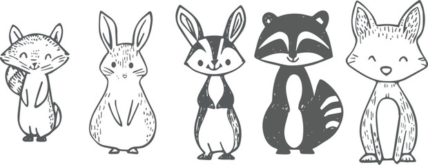 Cute Woodland Animals Vector Set Squirrel Rabbit Raccoon and Fox Adorable Forest Creatures Hand Drawn Illustration Ideal for Childrens Books Nursery Decor Greeting Cards Invitations Wall Art Apparel