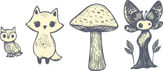 Cute Forest Animals and Plants Vector Set Owl Fox Mushroom Butterfly Woodland Creatures Nature Illustration Kids Design Elements Isolated on White Background Cartoon Style Whimsical Drawing