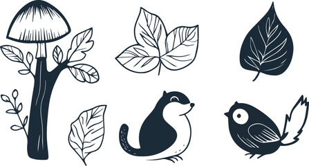Forest Animals and Plants Vector Illustration Set featuring Mushroom Leaves and Cute Bird and Squirrel in Monochrome Style for Nature and Wildlife Design Projects