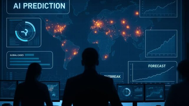 AI Predictive Map Showing Global Outbreak Forecasts with Data Dashboard and Heat Visualization