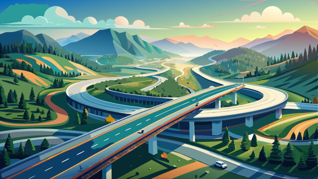 A stunning drone shot of a highway interchange surrounded by lush greenery and mountains. The morning mist creates a scenic atmosphere, highlighting the road structure and smooth traffic flow Very bea