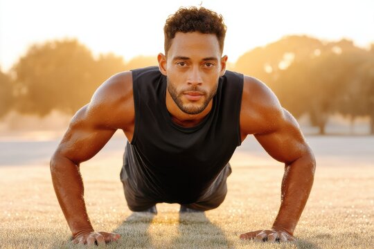 Fit man performing outdoor push-ups on dew-covered grass during sunrise