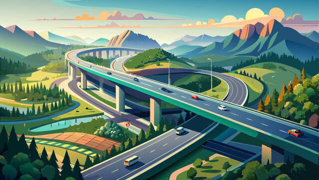 A stunning drone shot of a highway interchange surrounded by lush greenery and mountains. The morning mist creates a scenic atmosphere, highlighting the road structure and smooth traffic flow Very bea
