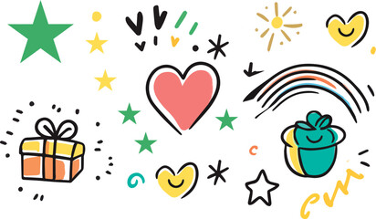 Colorful Hand Drawn Doodle Icons Set with Gift Box Hearts Stars Rainbow and Plant Vector Illustration for Kids Design Projects Greeting Cards Invitations Social Media Posts and Web Banners