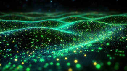 Abstract digital wave, glowing green and gold particles