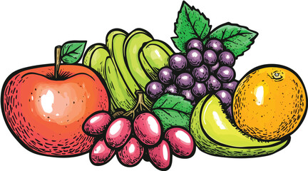 Fresh Fruit Platter Vector Illustration Apple Grapes Star Fruit Melon Orange Healthy Eating Diet Vitamins Colorful Design Element Isolated on White Background Engraving Style Hand Drawn Image