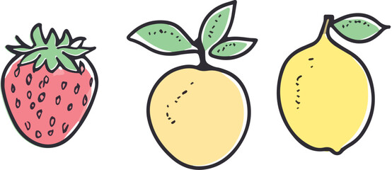 Hand drawn vector illustration of strawberry lemon and orange fruits isolated on white background healthy food illustration concept for children book cookbook sticker print design textile pattern