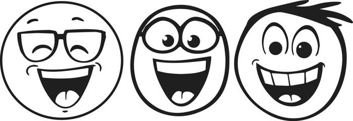 Obraz premium Three Funny Laughing Emojis with Glasses and Hair Vector Illustration Isolated on White Background for Social Media Reactions Chatting Messaging and Online Communication Designs Concepts