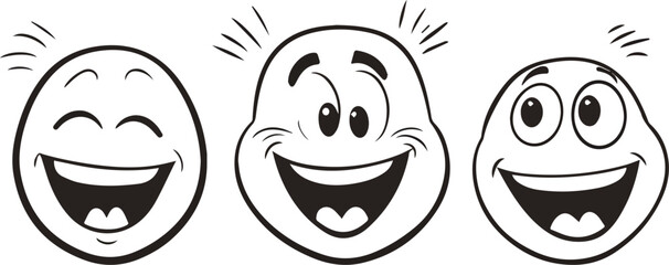 Three Cartoon Happy Faces with Different Expressions Laughter Joy Happiness Fun Comic Vector Illustration Black and White Line Art Drawing Simple Design Isolated on White Background Ideal for Social