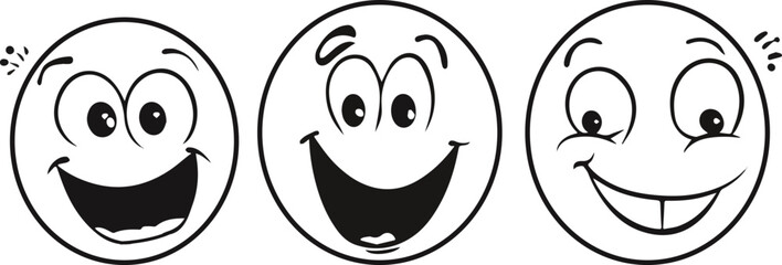 Obraz premium Set of three funny cartoon faces with different expressions happy smiling face laughing face surprised face vector illustration isolated on white background ideal for social media reactions chat