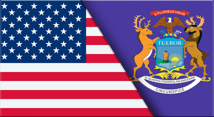 Flags of USA and Michigan. United States and Michigan official flags