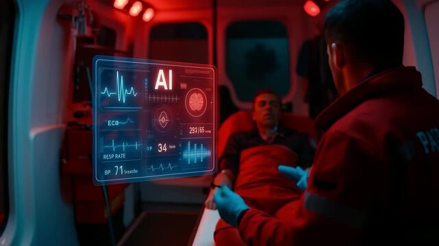AI Emergency HUD Monitoring Vital Signs in Ambulance with Paramedic and Critical Patient