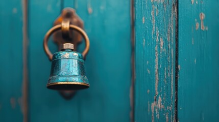 Obraz premium A close-up image of an antique bell attached to a weathered wooden door, creating a nostalgic and rustic atmosphere, invoking memories of traditional craftsmanship and charm.