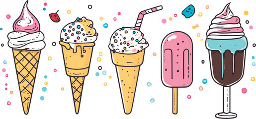 Ice Cream Collection Vector Illustration Set Colorful Ice Cream Cones Popsicles and Sundaes Perfect for Summer Designs Menus and Packaging Sweet Treats Frozen Desserts Refreshing Cold Food Various