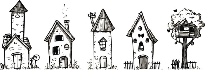 Five whimsical doodle houses vector illustration including tower house chimney house pointy roof house spooky house and treehouse black and white line art drawing isolated on white background ideal