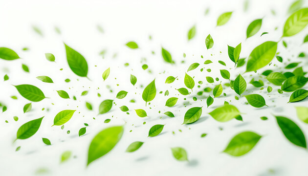 Green leaves blowing in the wind with blur on a white background.