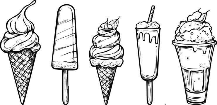 Hand-drawn vector ice cream set Ice cream cone popsicle milkshake sundae vintage style engraving summer dessert sweet food sketch isolated on white background cafe menu design elements confectionery