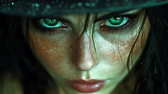 Mysterious Woman with Green Eyes and Freckles Under a Wide-Brimmed Hat