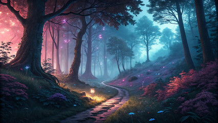Enchanting Purple Pink Blue Forest Path Lantern Night