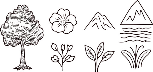 Hand Drawn Nature Elements Vector Pack tree flower mountains leaves grass water waves doodle sketch line art illustration design environment ecology organic natural simple minimalist icon symbol logo